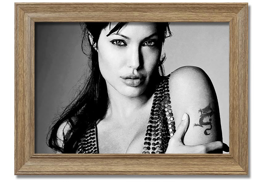 Framed print of Angelina Jolie's dragon tattoo, showcasing intricate details and vibrant colors, available in various frame options.