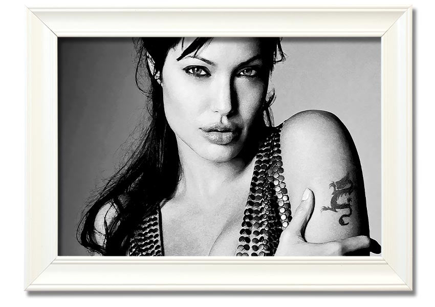 Framed print of Angelina Jolie's dragon tattoo, showcasing intricate details and vibrant colors, available in various frame options.