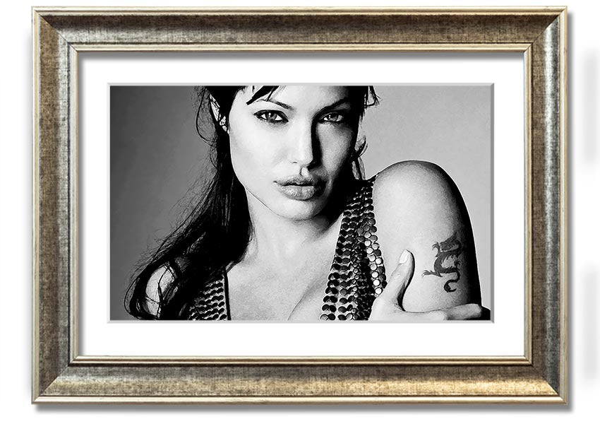 Framed print of Angelina Jolie's dragon tattoo, showcasing intricate details and vibrant colors, available in various frame options.