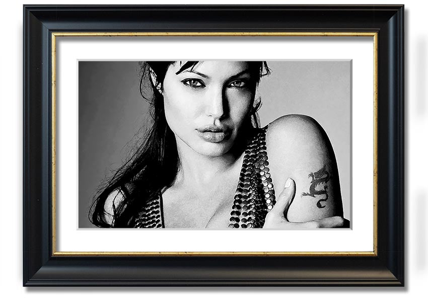 Framed print of Angelina Jolie's dragon tattoo, showcasing intricate details and vibrant colors, available in various frame options.