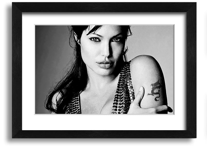 Framed print of Angelina Jolie's dragon tattoo, showcasing intricate details and vibrant colors, available in various frame options.