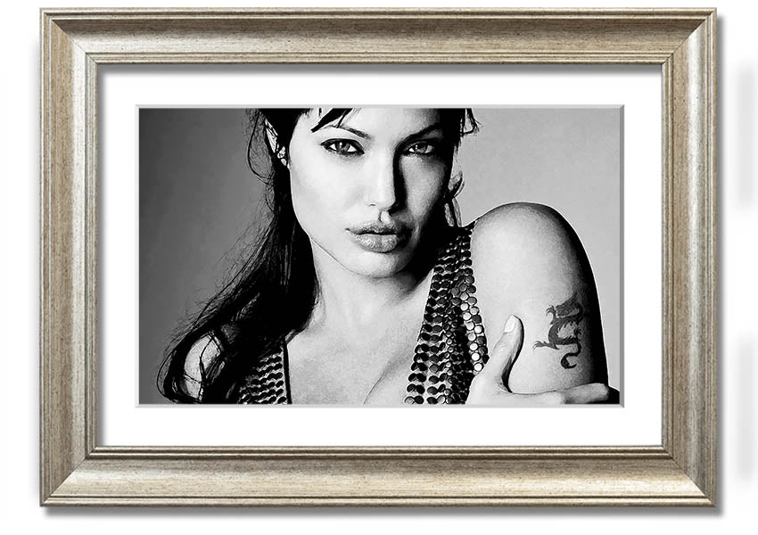 Framed print of Angelina Jolie's dragon tattoo, showcasing intricate details and vibrant colors, available in various frame options.