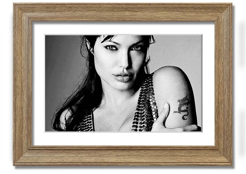 Framed print of Angelina Jolie's dragon tattoo, showcasing intricate details and vibrant colors, available in various frame options.