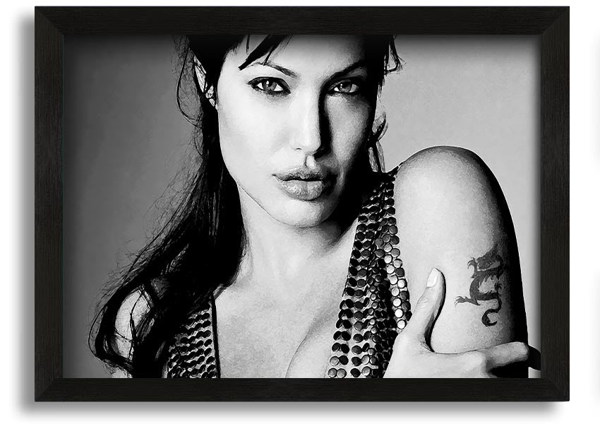 Framed print of Angelina Jolie's dragon tattoo, showcasing intricate details and vibrant colors, available in various frame options.