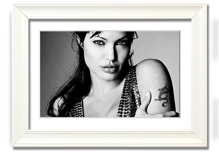 Framed print of Angelina Jolie's dragon tattoo, showcasing intricate details and vibrant colors, available in various frame options.