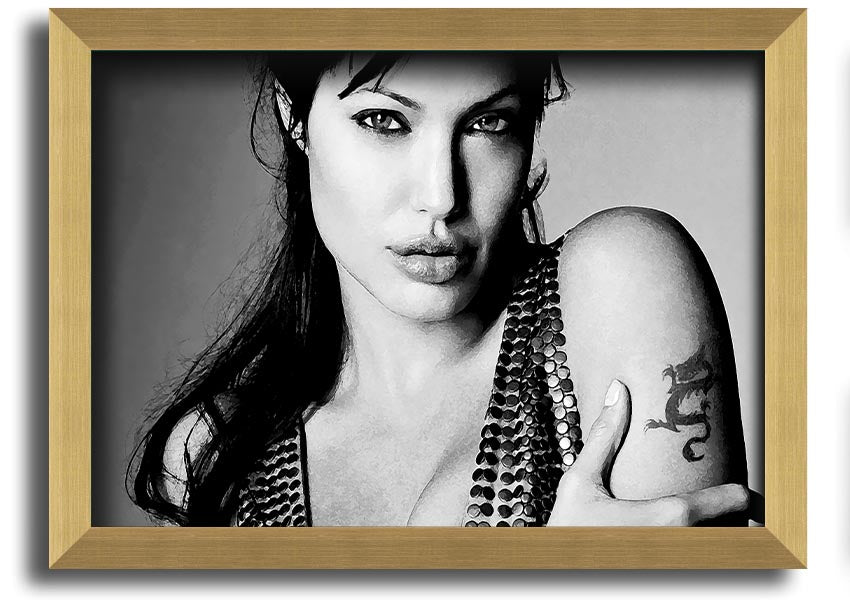 Framed print of Angelina Jolie's dragon tattoo, showcasing intricate details and vibrant colors, available in various frame options.