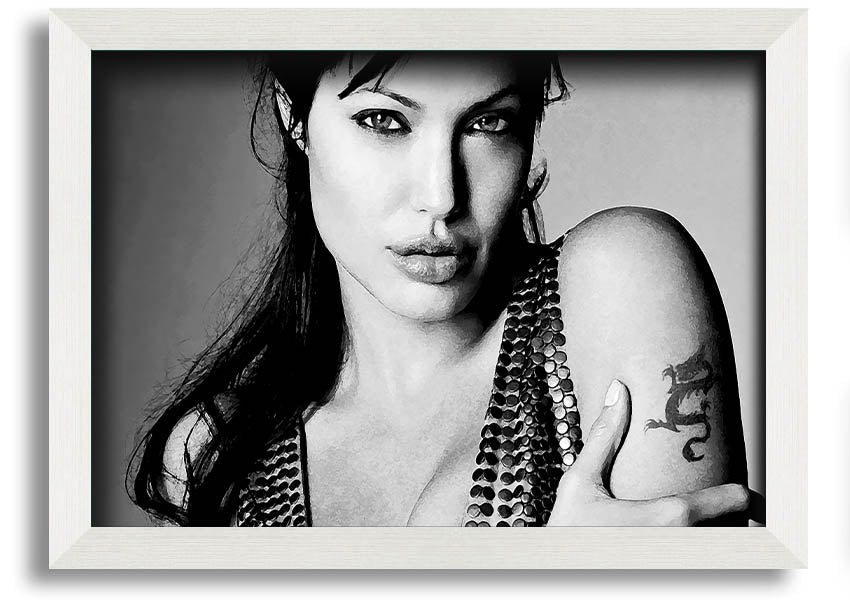 Framed print of Angelina Jolie's dragon tattoo, showcasing intricate details and vibrant colors, available in various frame options.