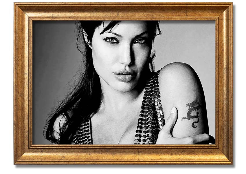 Framed print of Angelina Jolie's dragon tattoo, showcasing intricate details and vibrant colors, available in various frame options.