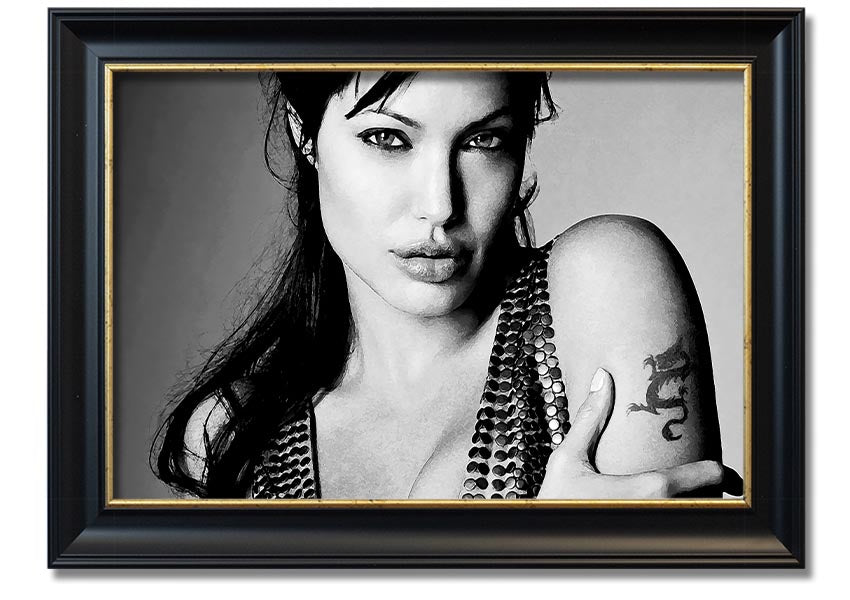 Framed print of Angelina Jolie's dragon tattoo, showcasing intricate details and vibrant colors, available in various frame options.