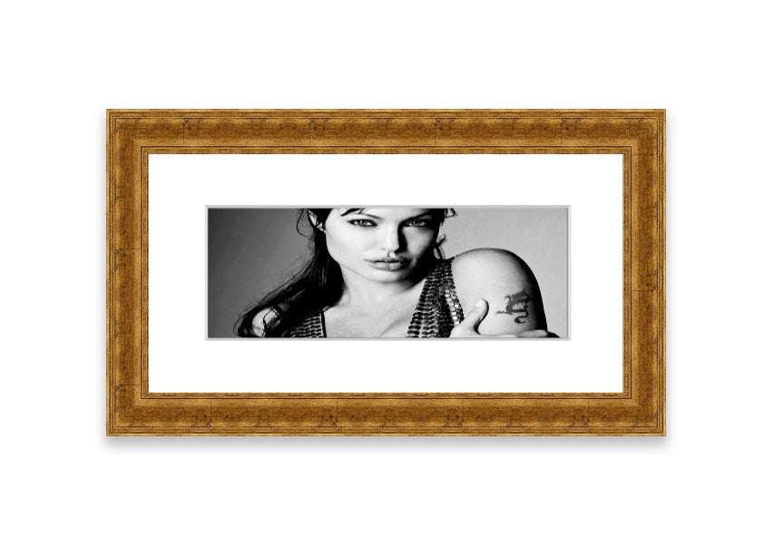 Framed print of Angelina Jolie's dragon tattoo, showcasing intricate details and vibrant colors, available in various frame colors.