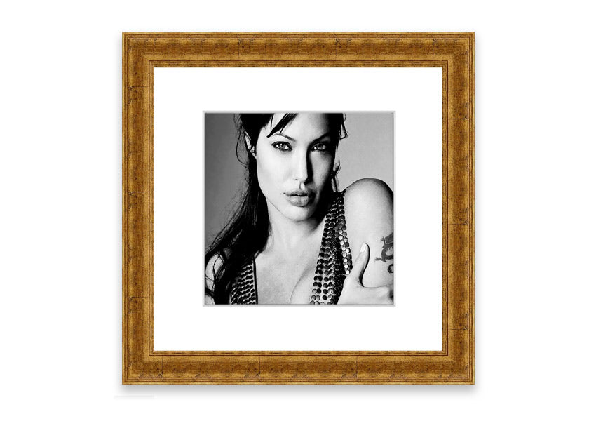 Framed print of Angelina Jolie's dragon tattoo, showcasing intricate details and vibrant colors, available in various frame colors.