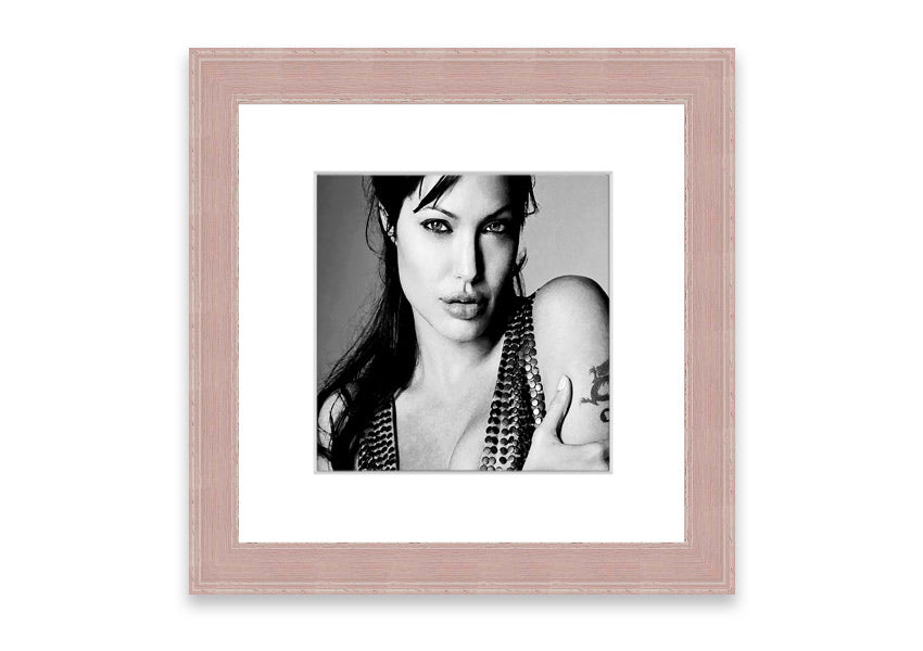 Framed print of Angelina Jolie's dragon tattoo, showcasing intricate details and vibrant colors, available in various frame colors.