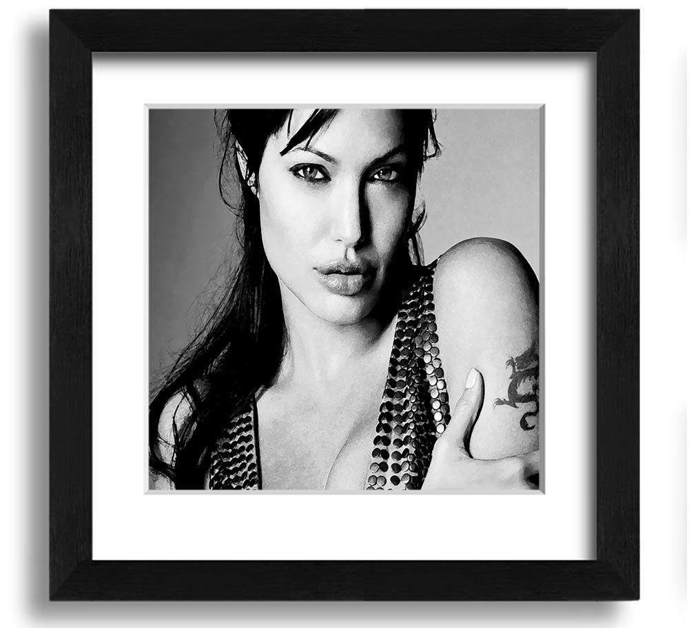 Angelina Jolie Dragon Tattoo Square Framed Print in various frame colors, ready to hang.