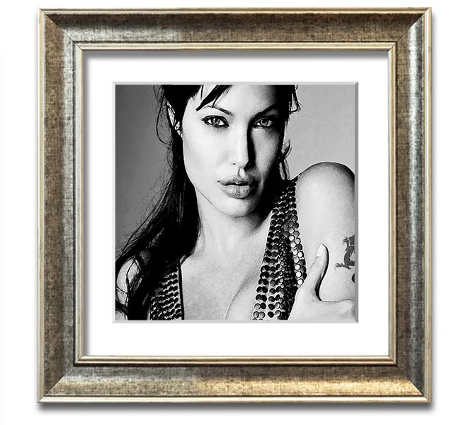 Angelina Jolie Dragon Tattoo Square Framed Print in various frame colors, ready to hang.