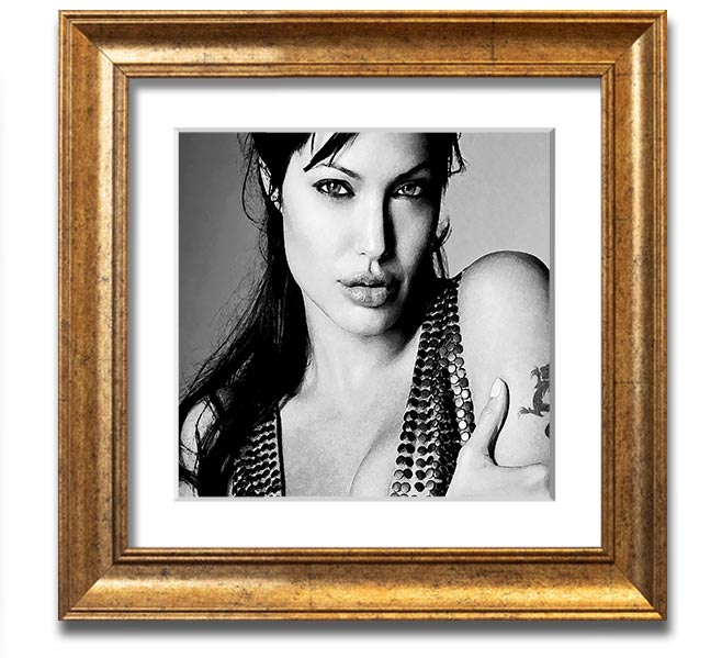 Angelina Jolie Dragon Tattoo Square Framed Print in various frame colors, ready to hang.