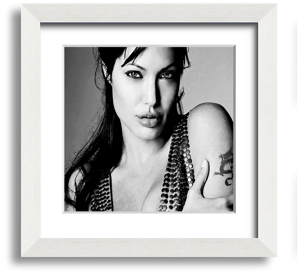 Angelina Jolie Dragon Tattoo Square Framed Print in various frame colors, ready to hang.