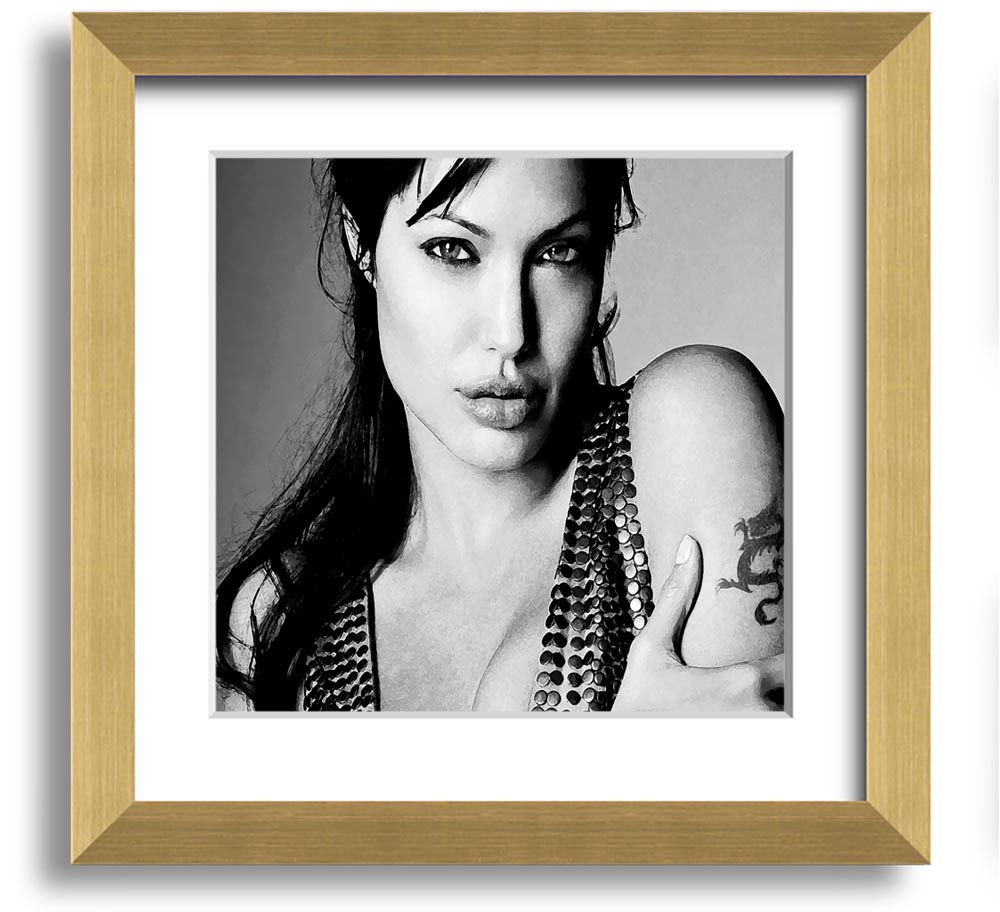 Angelina Jolie Dragon Tattoo Square Framed Print in various frame colors, ready to hang.