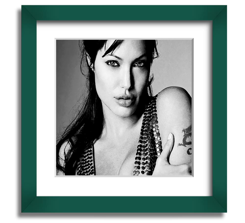 Angelina Jolie Dragon Tattoo Square Framed Print in various frame colors, ready to hang.