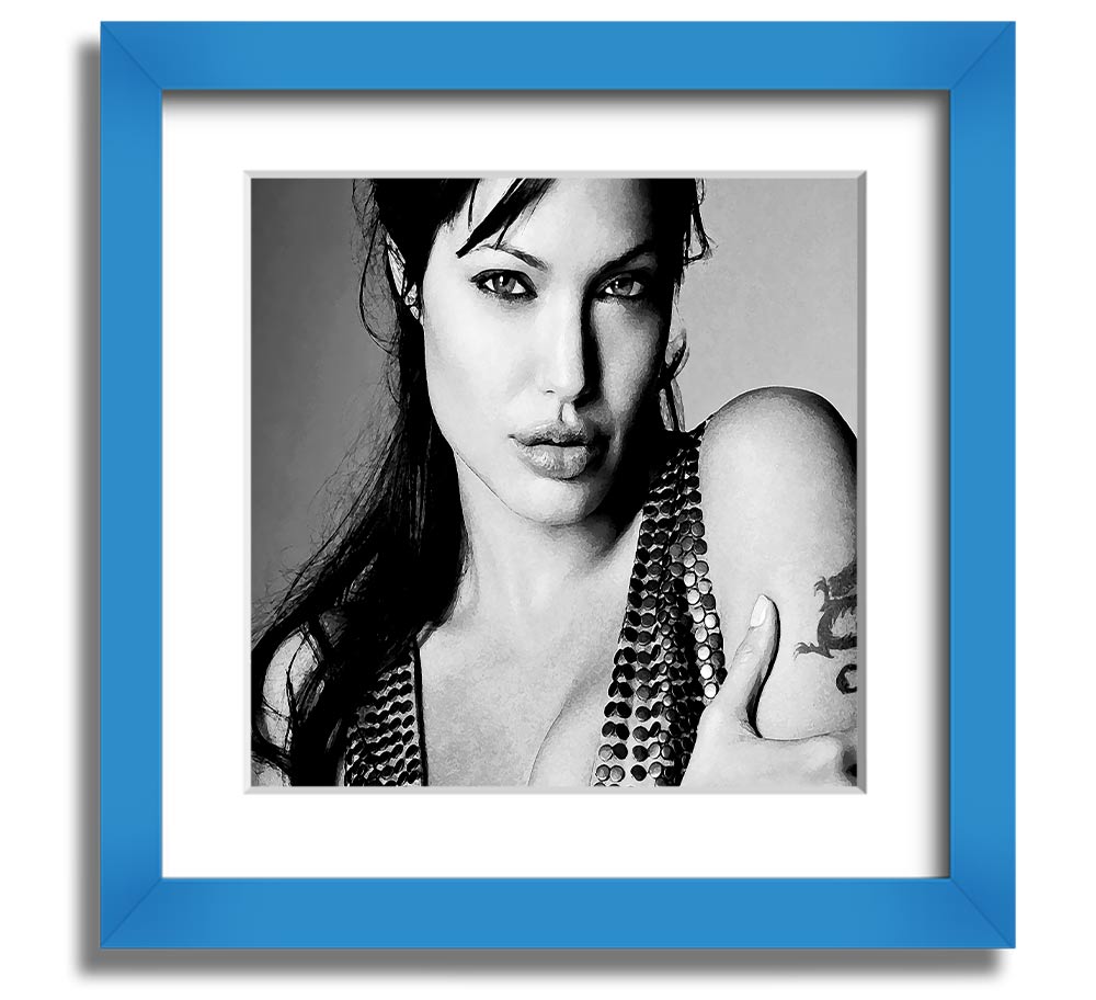 Angelina Jolie Dragon Tattoo Square Framed Print in various frame colors, ready to hang.