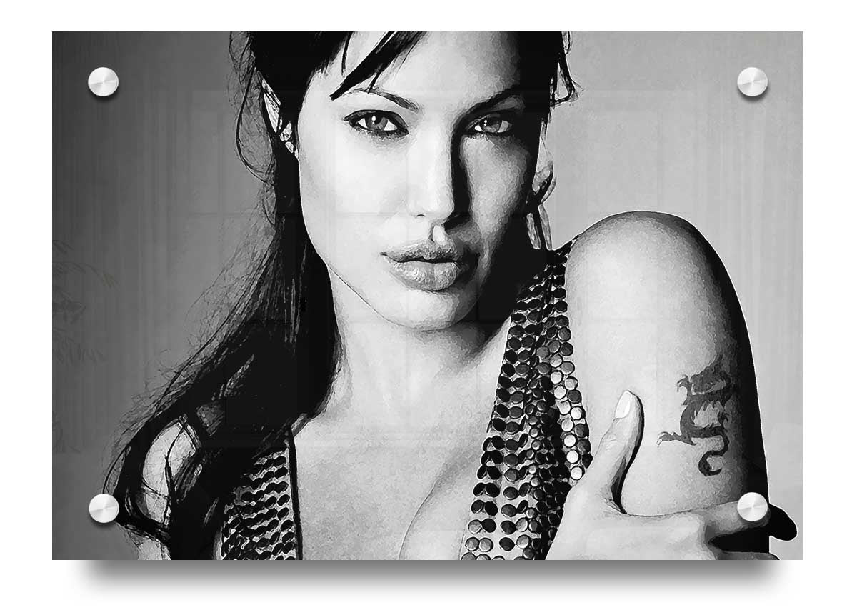 Acrylic print of Angelina Jolie's dragon tattoo, showcasing vibrant colors and intricate details on 5mm thick glass.