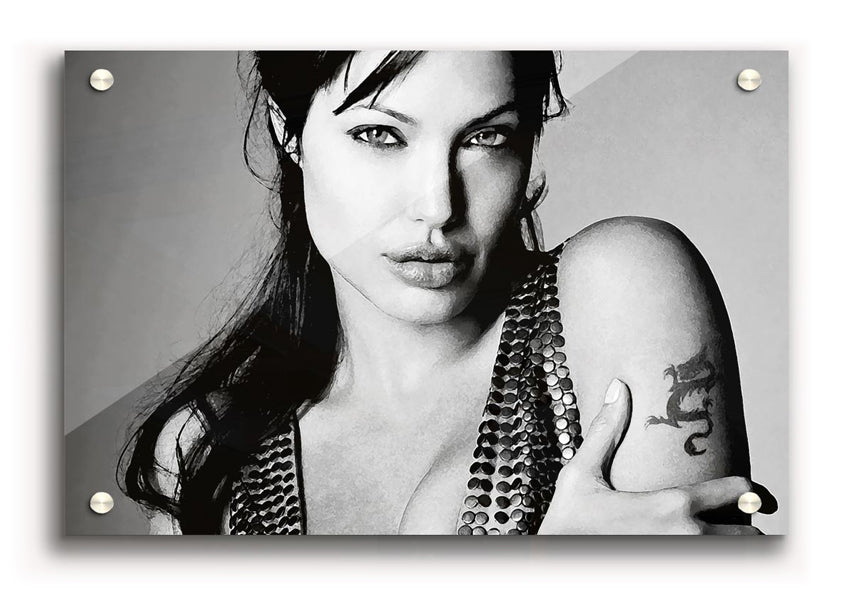 Acrylic print of Angelina Jolie's dragon tattoo, showcasing vibrant colors and intricate details on 5mm thick glass.