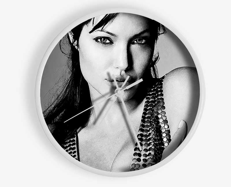 Angelina Jolie Dragon Tattoo clock made from natural bamboo with a round face and clear Plexiglas lens, available in black, white, and natural frame colors.