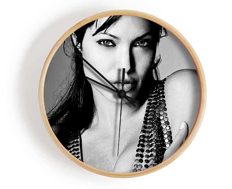 Angelina Jolie Dragon Tattoo clock made from natural bamboo with a round face and clear Plexiglas lens, available in black, white, and natural frame colors.