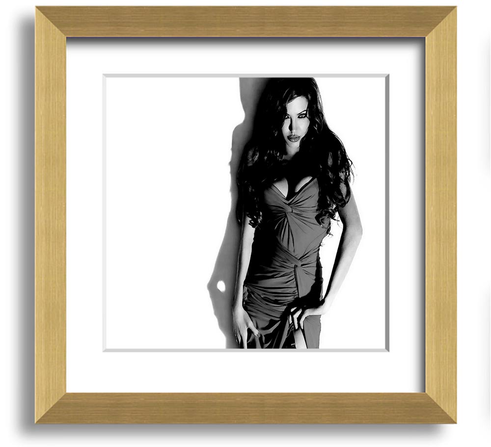 Framed print of Angelina Jolie in a stylish black and white dress, showcasing elegance and sophistication.