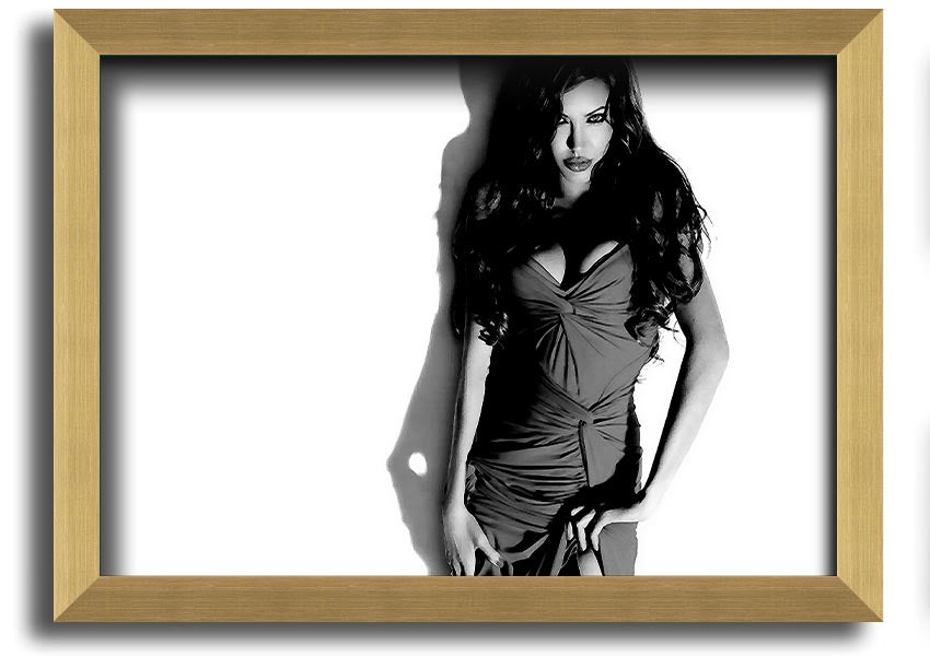 Framed print of Angelina Jolie in a black and white dress, showcasing elegance and style, available in multiple frame colors.