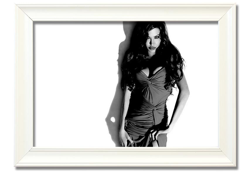 Framed print of Angelina Jolie in a black and white dress, showcasing elegance and style, available in multiple frame colors.