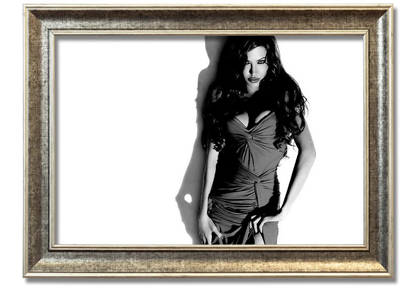 Framed print of Angelina Jolie in a black and white dress, showcasing elegance and style, available in multiple frame colors.