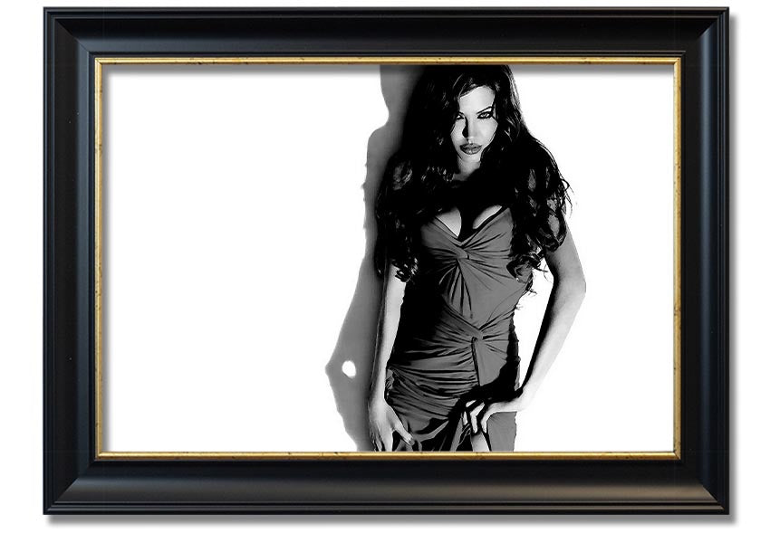 Framed print of Angelina Jolie in a black and white dress, showcasing elegance and style, available in multiple frame colors.