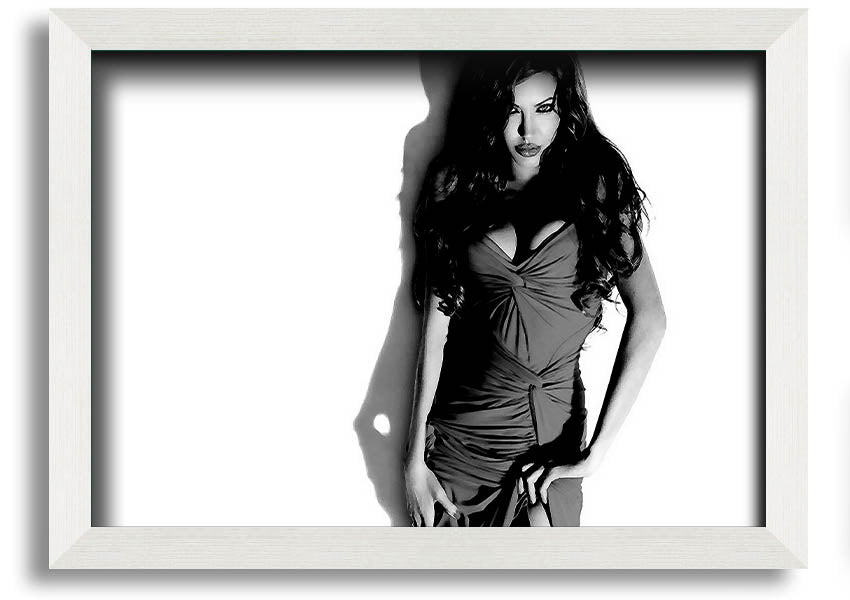 Framed print of Angelina Jolie in a black and white dress, showcasing elegance and style, available in multiple frame colors.