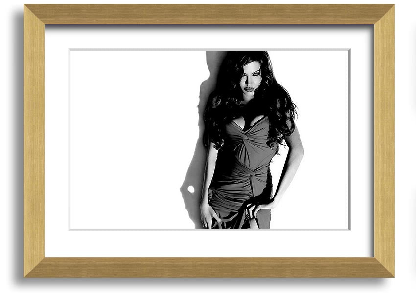 Framed print of Angelina Jolie in a black and white dress, showcasing elegance and style, available in multiple frame colors.