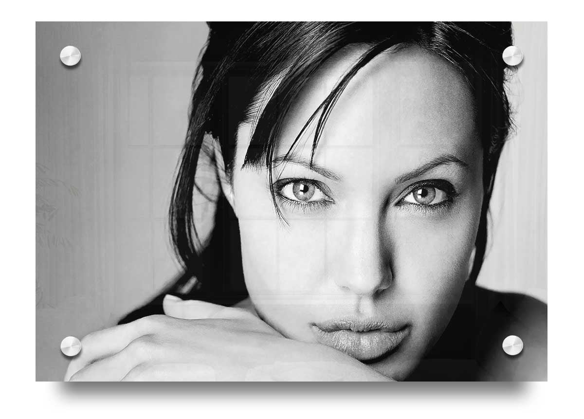 A vibrant acrylic print of Angelina Jolie, showcasing her intimate portrait on 5mm thick acrylic glass, ready to hang.