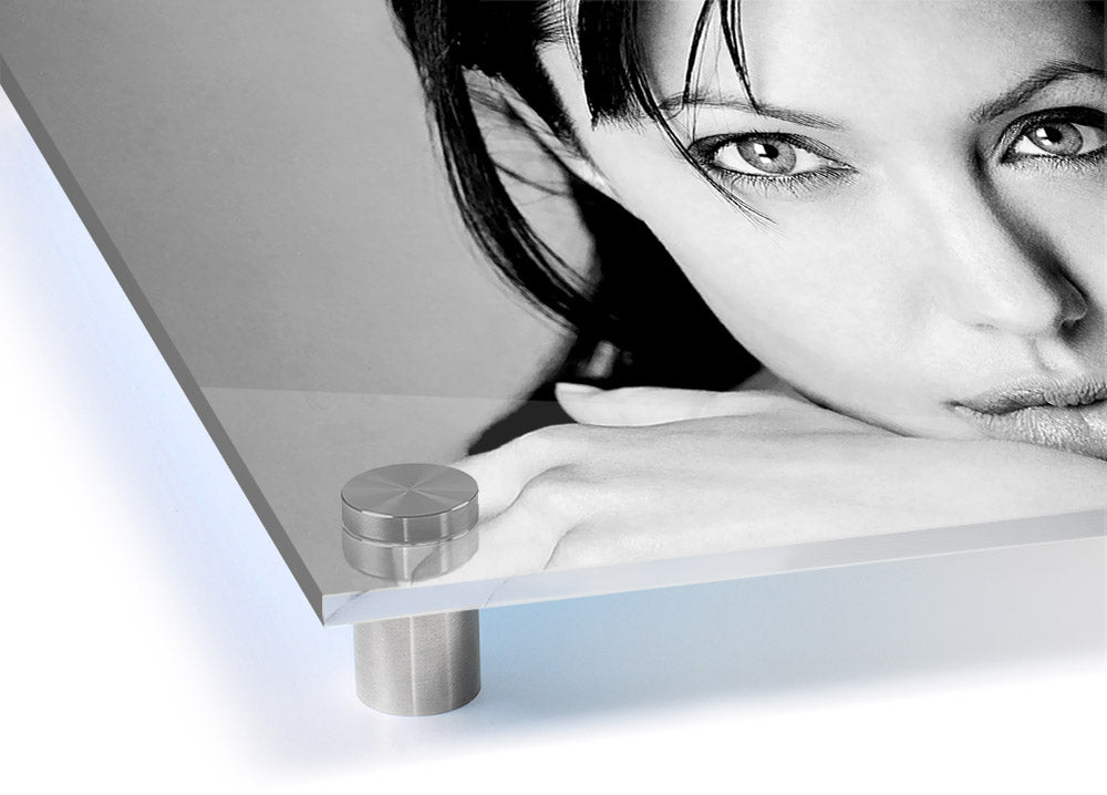 A vibrant acrylic print of Angelina Jolie, showcasing her intimate portrait on 5mm thick acrylic glass, ready to hang.