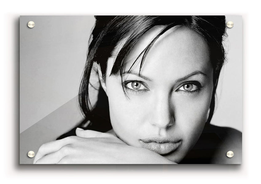 A vibrant acrylic print of Angelina Jolie, showcasing her intimate portrait on 5mm thick acrylic glass, ready to hang.