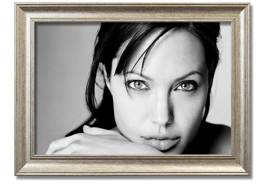 Framed print of Angelina Jolie, showcasing her intimate portrait with elegant framing options.