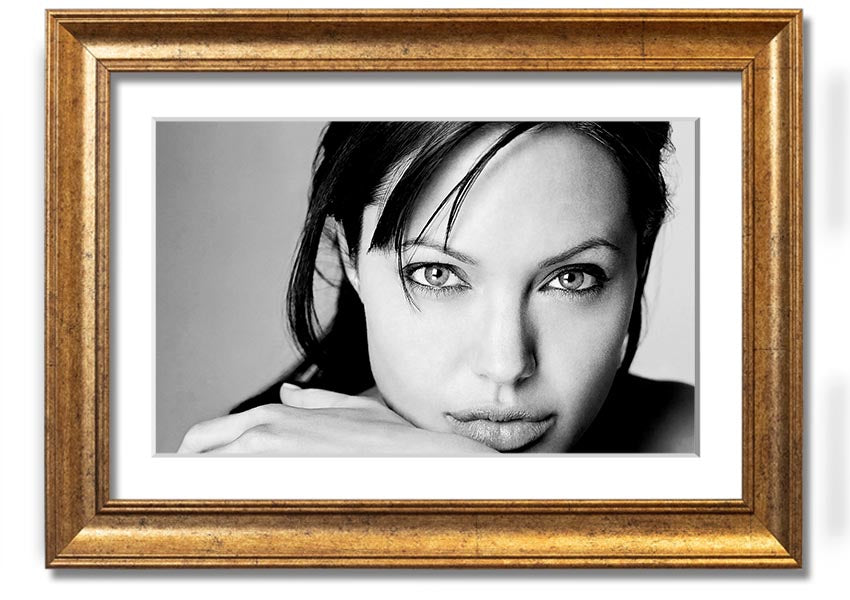 Framed print of Angelina Jolie, showcasing her intimate portrait with elegant framing options.