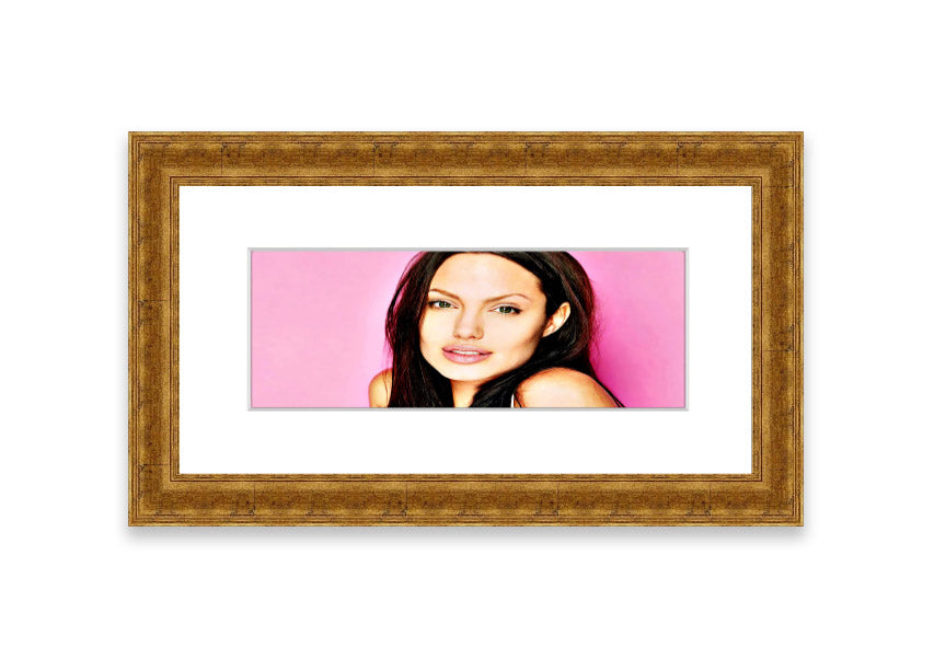 Framed print of Angelina Jolie in pink, showcasing vibrant colors and elegant design, ready to hang.