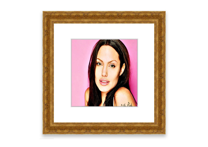 Framed print of Angelina Jolie in pink, showcasing vibrant colors and elegant design, ready to hang.