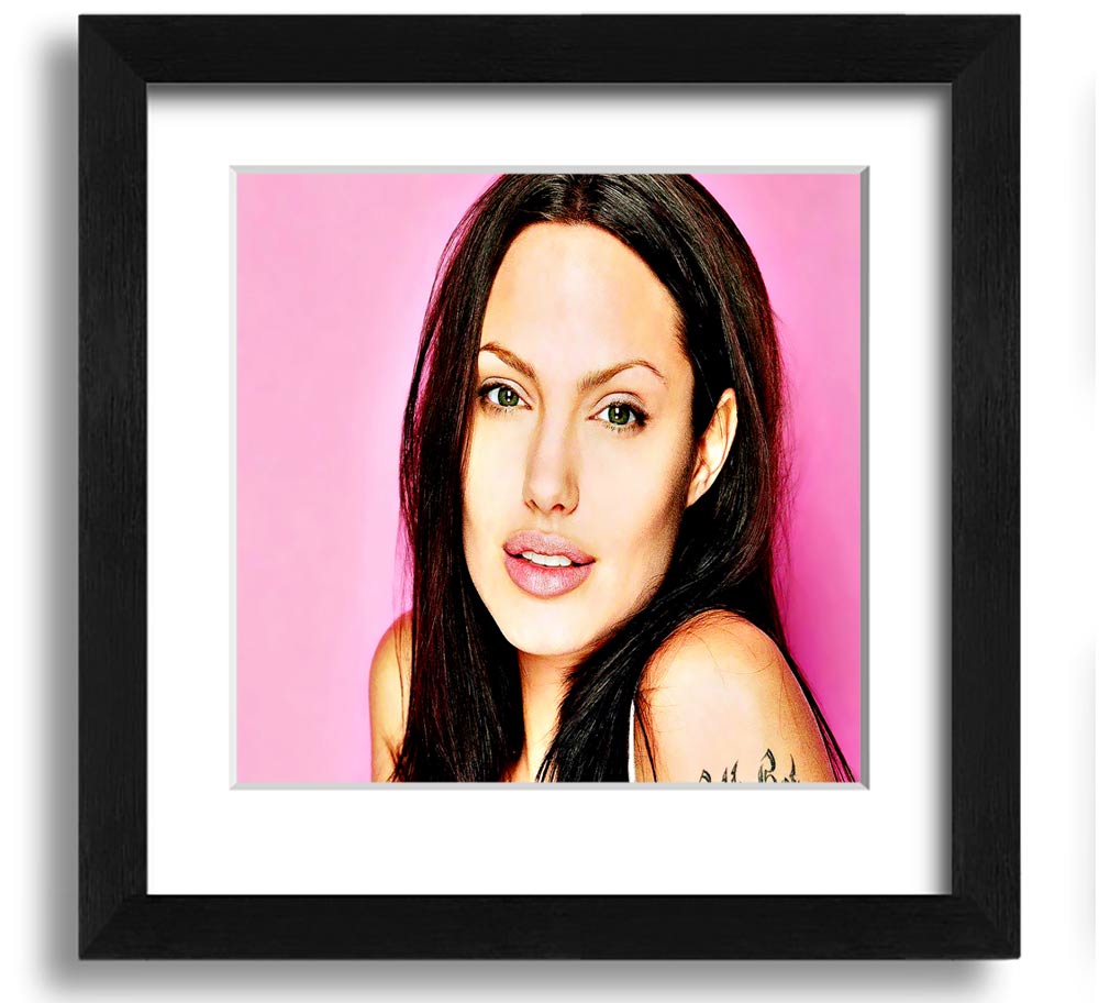 Angelina Jolie Pink Square Framed Print in a stylish frame, showcasing a soft pink hue and elegant design.