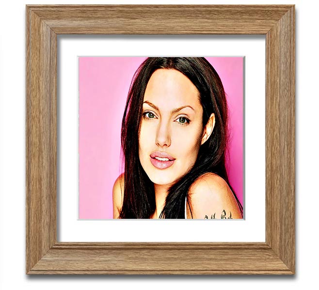 Angelina Jolie Pink Square Framed Print in a stylish frame, showcasing a soft pink hue and elegant design.