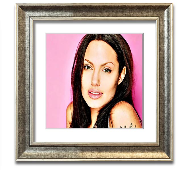 Angelina Jolie Pink Square Framed Print in a stylish frame, showcasing a soft pink hue and elegant design.