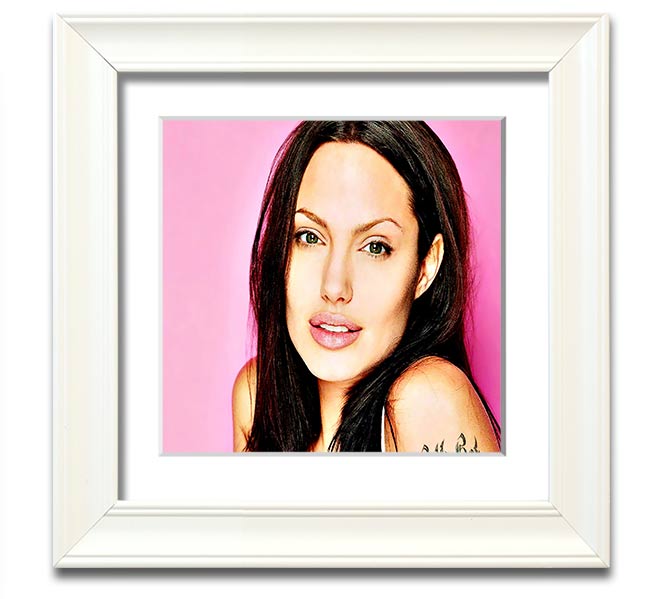 Angelina Jolie Pink Square Framed Print in a stylish frame, showcasing a soft pink hue and elegant design.