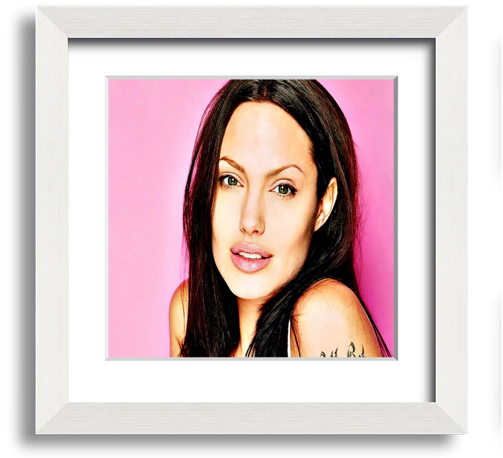 Angelina Jolie Pink Square Framed Print in a stylish frame, showcasing a soft pink hue and elegant design.