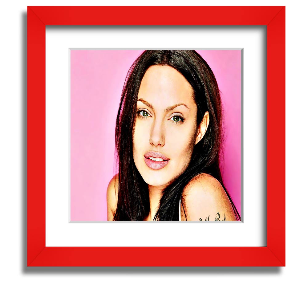 Angelina Jolie Pink Square Framed Print in a stylish frame, showcasing a soft pink hue and elegant design.