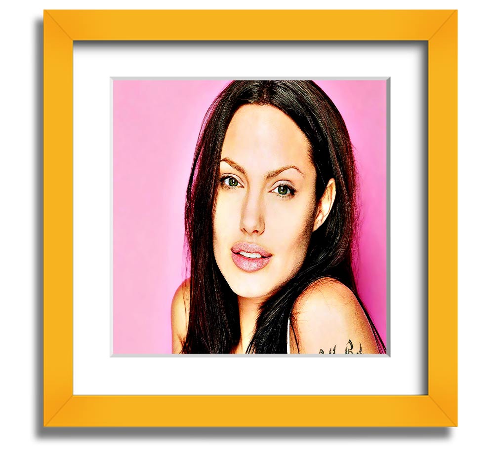 Angelina Jolie Pink Square Framed Print in a stylish frame, showcasing a soft pink hue and elegant design.