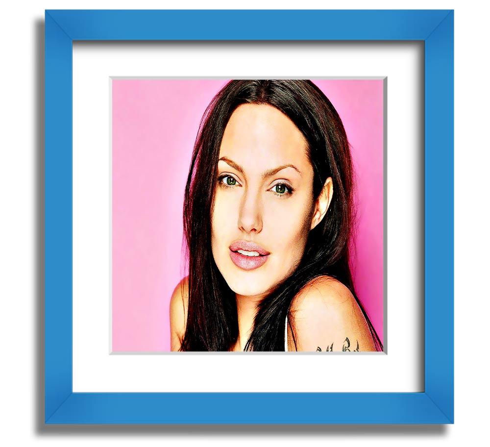 Angelina Jolie Pink Square Framed Print in a stylish frame, showcasing a soft pink hue and elegant design.