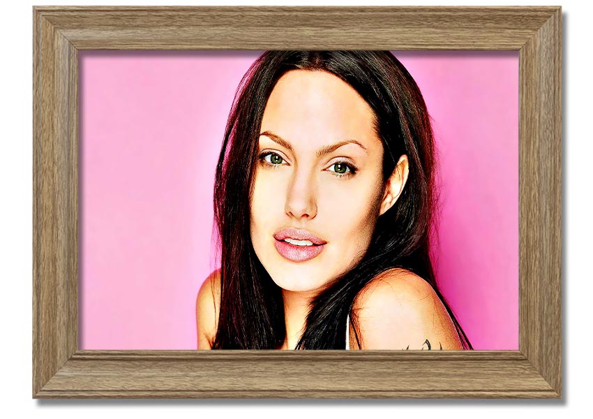 Angelina Jolie Pink framed print with a soft pink hue, elegantly displayed in a stylish frame.